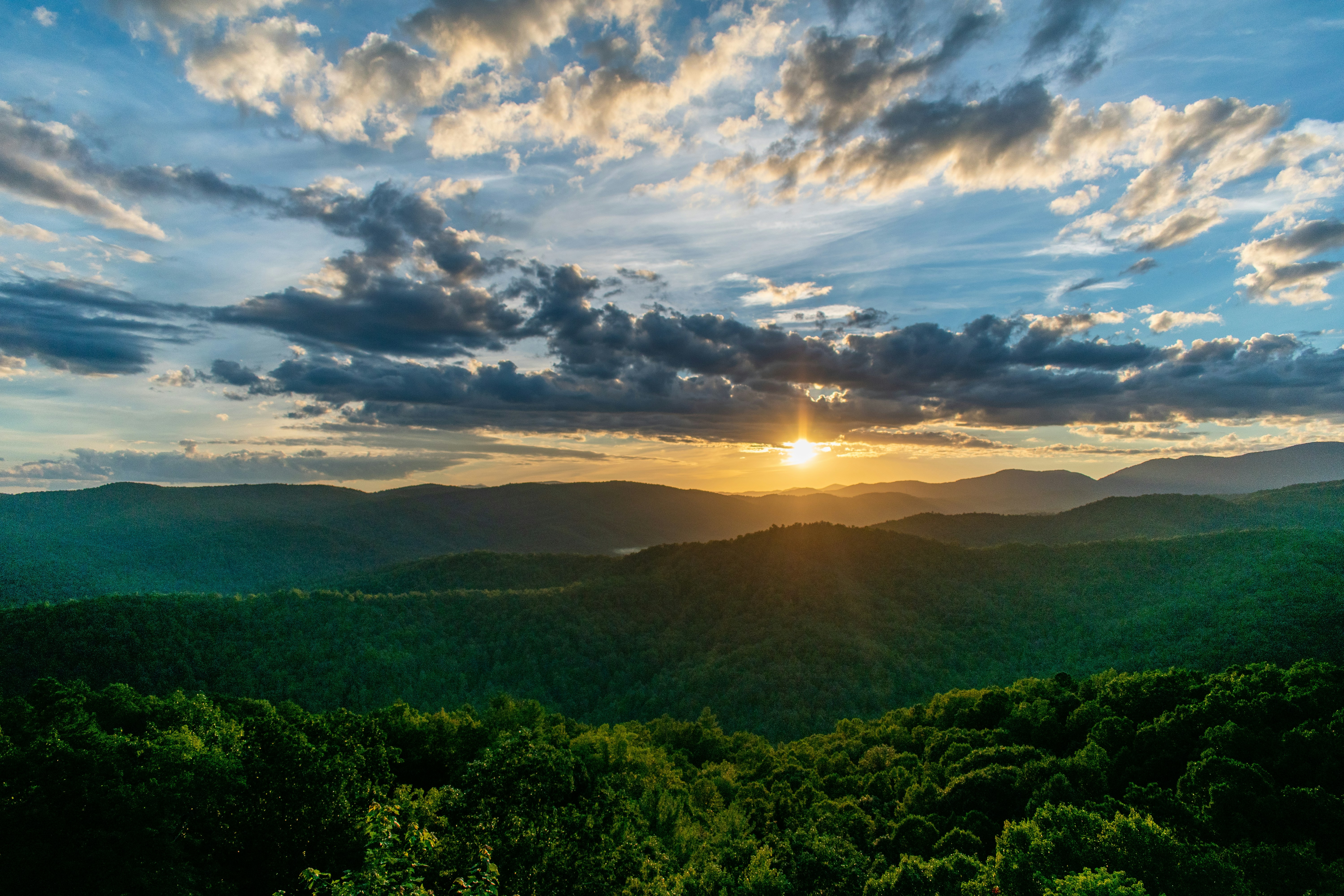 Sunrise over layered Blue Ridge Mountains